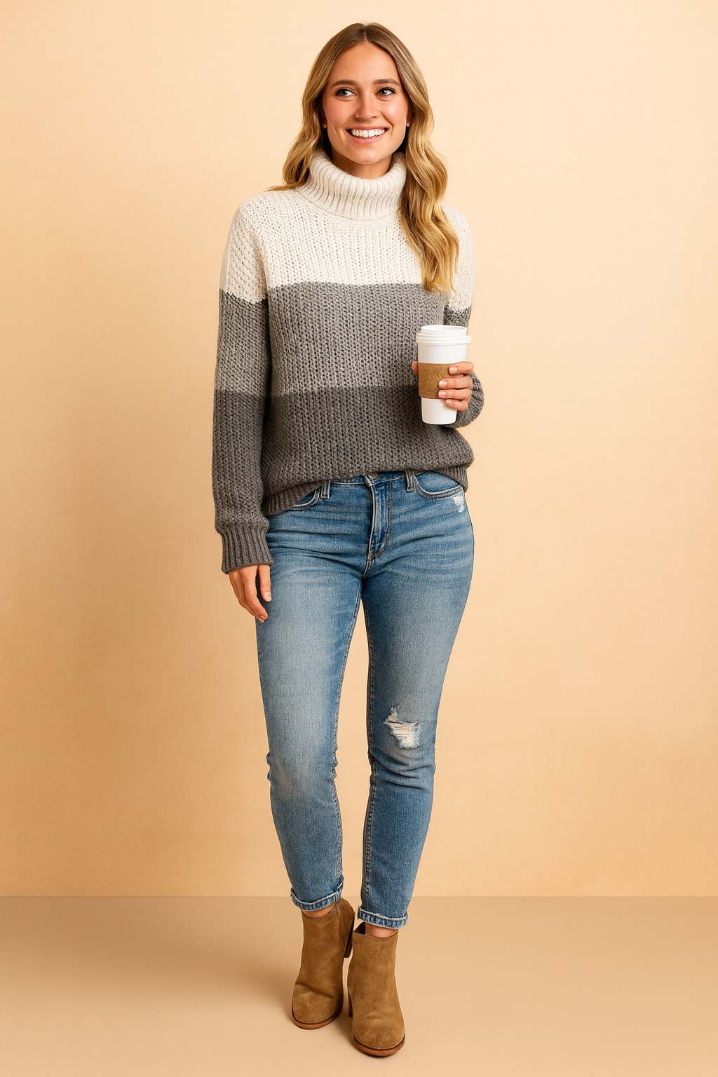 Stylish women’s tricolor knit sweater in white, light gray, and charcoal gray with a high turtleneck, paired with fitted jeans and ankle boots.