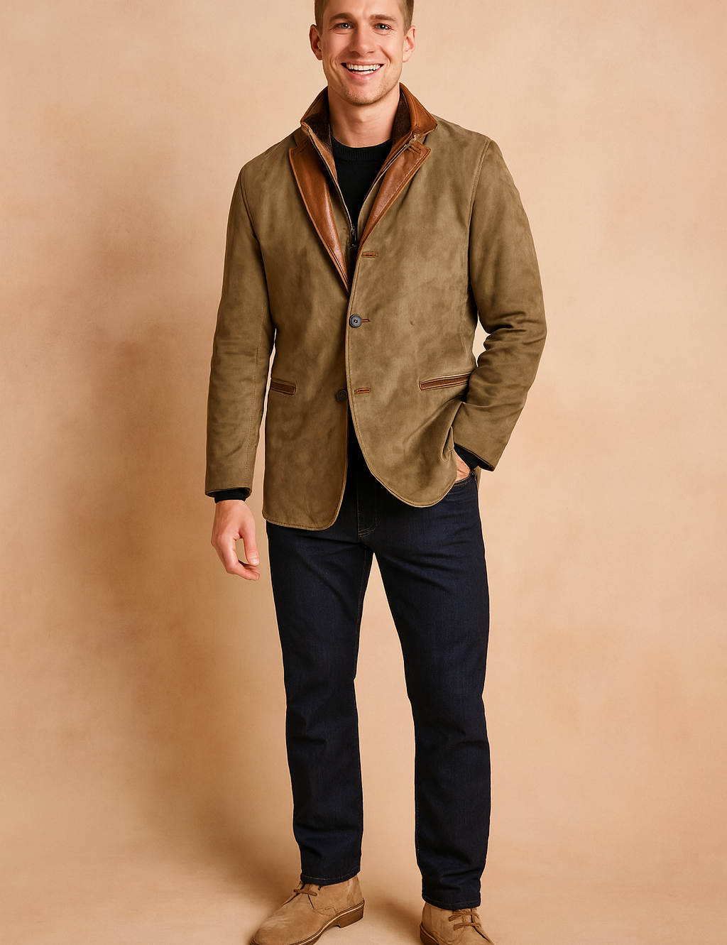 Brown suede blazer jacket with contrasting leather trim collar and pocket accents, button-up front, styled with a black sweater, dark jeans, and beige suede shoes.
