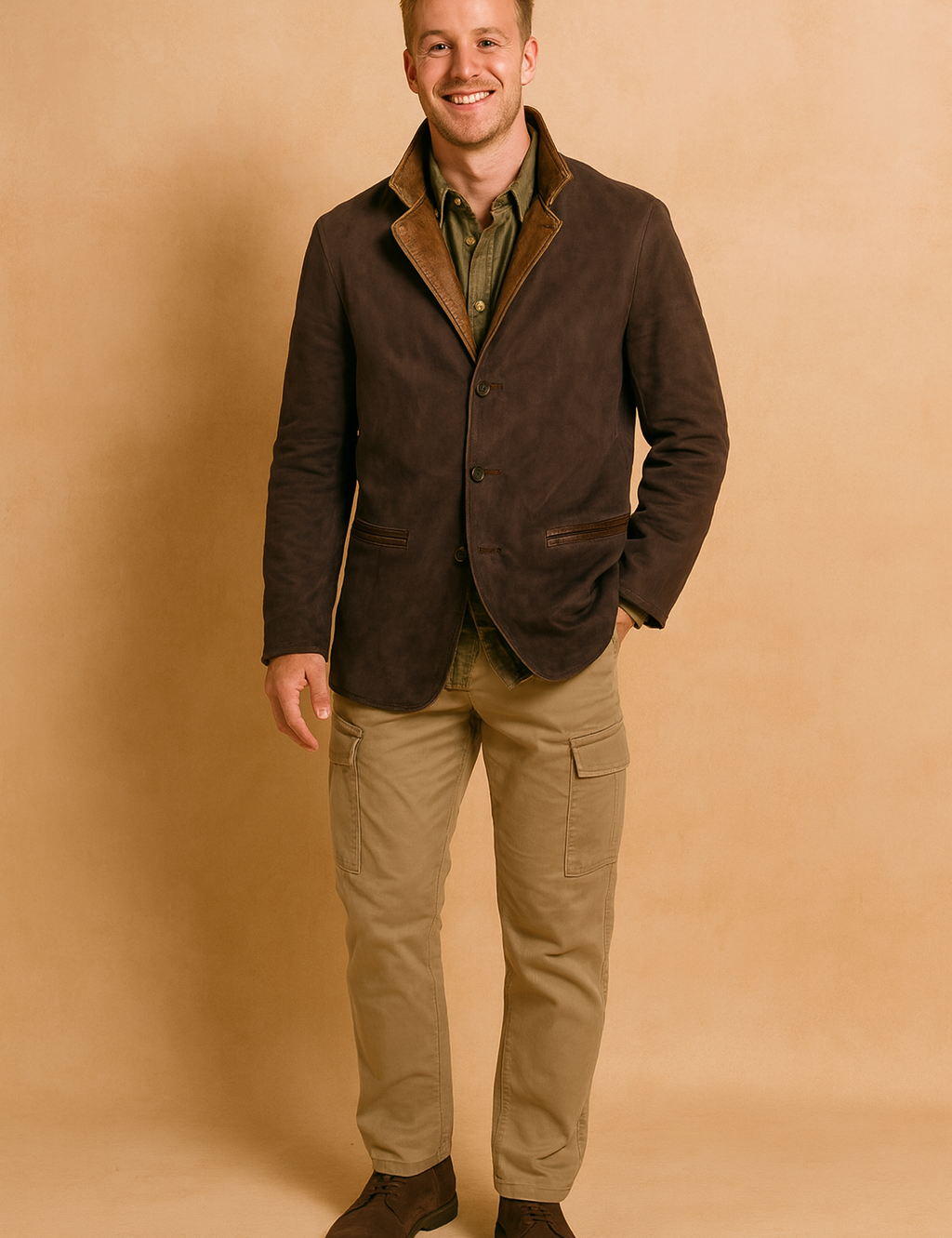 Dark brown suede blazer with leather-trimmed lapels, button-front closure, and welt pockets, styled with an olive green shirt, beige cargo pants, and dark brown suede shoes.
