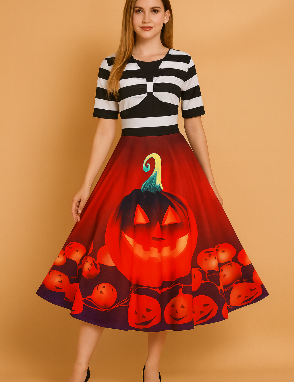 Sukienka damska Halloween retro z dużym nadrukiem dyni i lampionów na rozkloszowanej spódnicy.