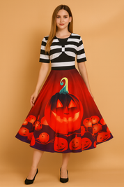 Sukienka damska Halloween retro z dużym nadrukiem dyni i lampionów na rozkloszowanej spódnicy.