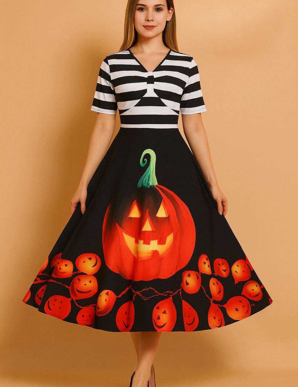 Sukienka damska Halloween retro z dużym nadrukiem dyni i lampionów na dole spódnicy.