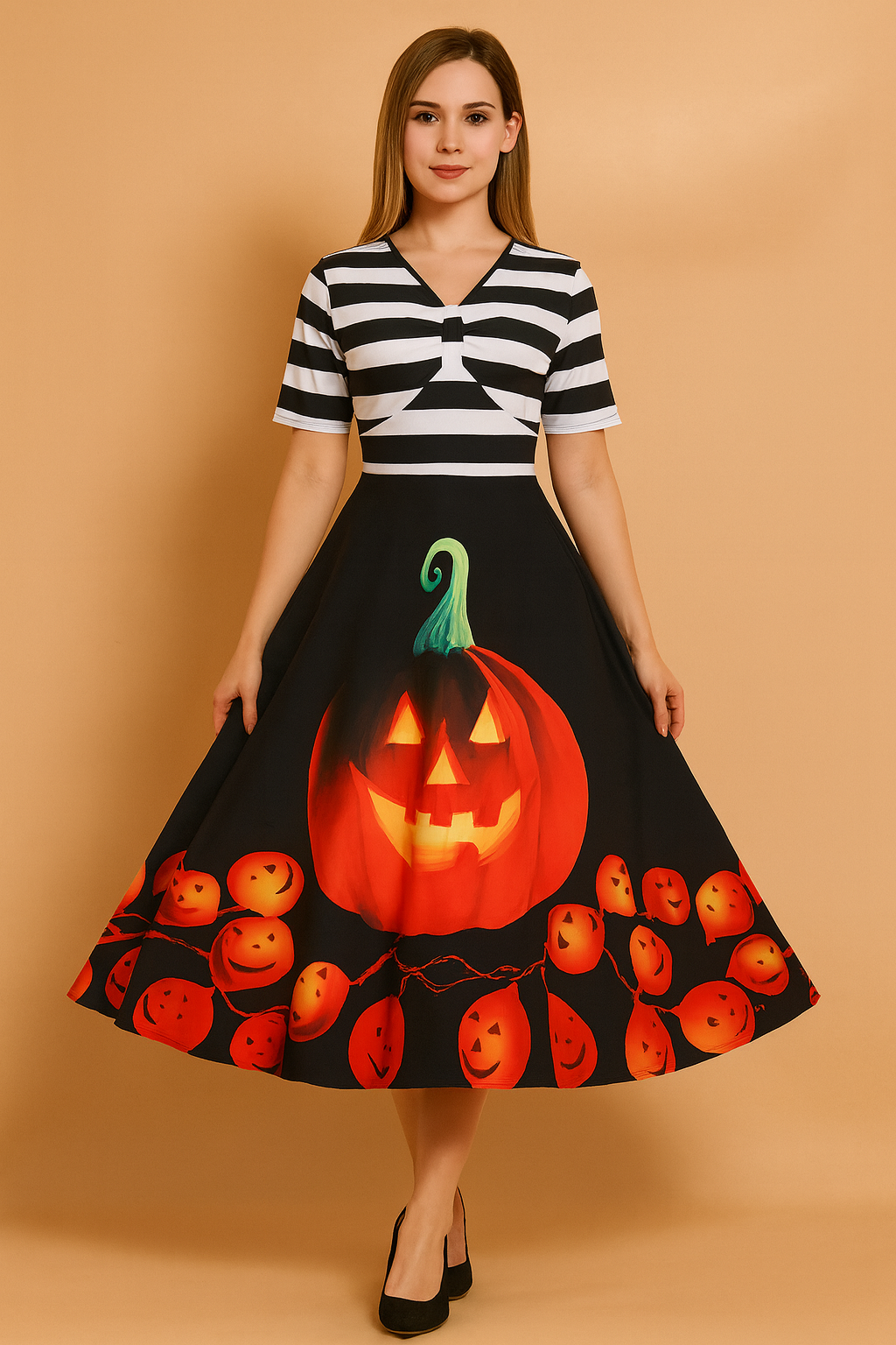 Sukienka damska Halloween retro z dużym nadrukiem dyni i lampionów na dole spódnicy.