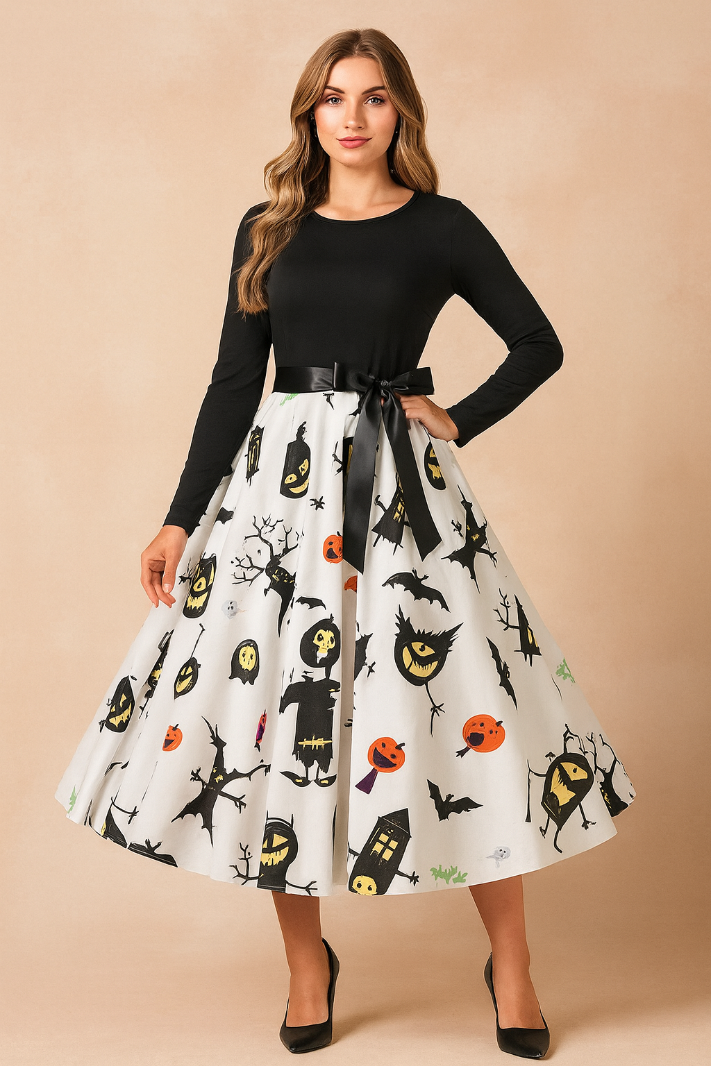 Sukienka halloweenowa retro z czarną górą z długim rękawem, satynową kokardą w talii i rozkloszowaną białą spódnicą ozdobioną nadrukiem dyni, nietoperzy, duchów i straszydeł.