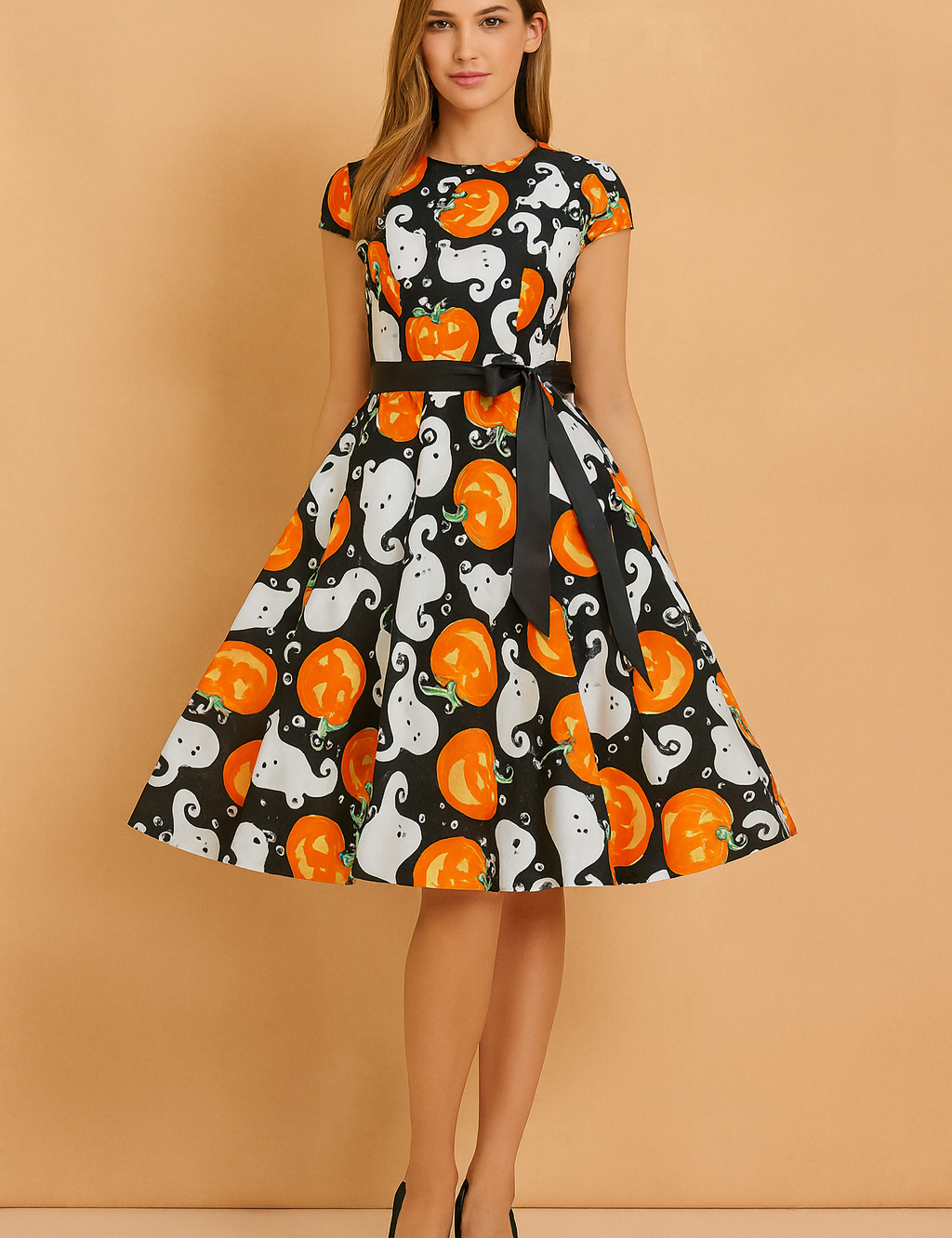 Sukienka halloweenowa retro z krótkim rękawem, czarną górą i rozkloszowaną spódnicą ozdobioną nadrukiem białych duszków i pomarańczowych dyń, przewiązana satynową czarną kokardą w talii.