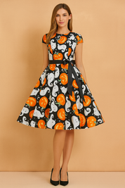 Sukienka halloweenowa retro z krótkim rękawem, czarną górą i rozkloszowaną spódnicą ozdobioną nadrukiem białych duszków i pomarańczowych dyń, przewiązana satynową czarną kokardą w talii.