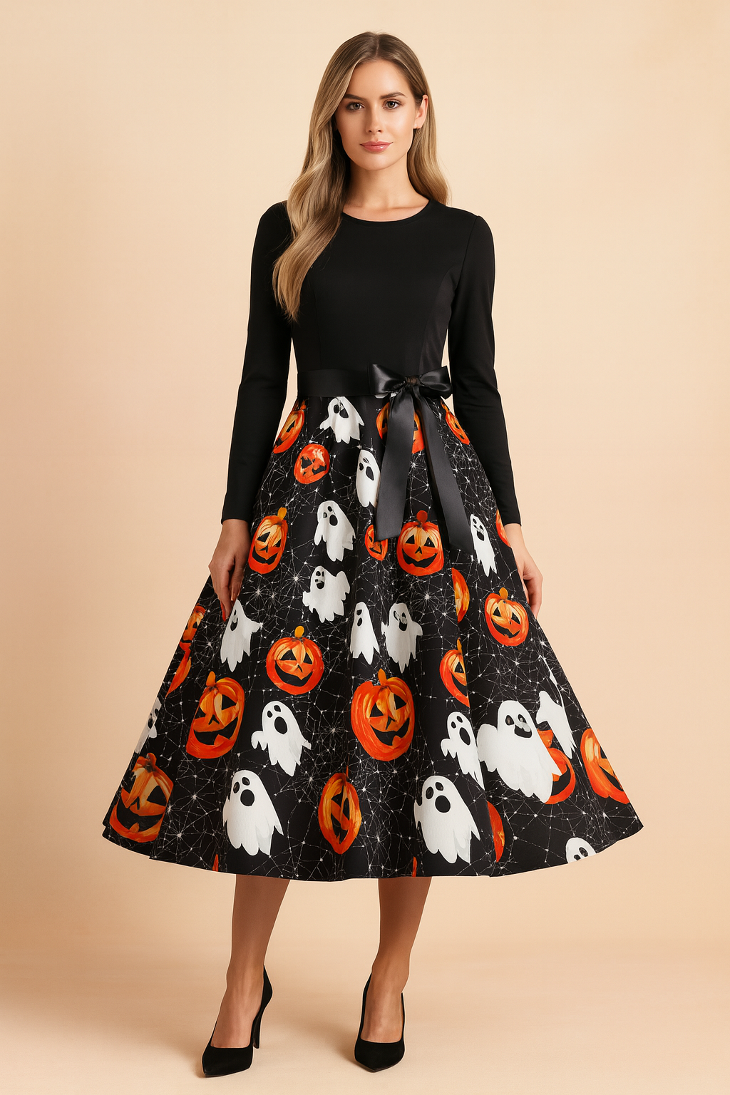 Sukienka halloweenowa retro z czarną górą z długim rękawem, satynową kokardą w talii i rozkloszowaną spódnicą ozdobioną nadrukiem białych duchów, pomarańczowych dyń i pajęczyn.