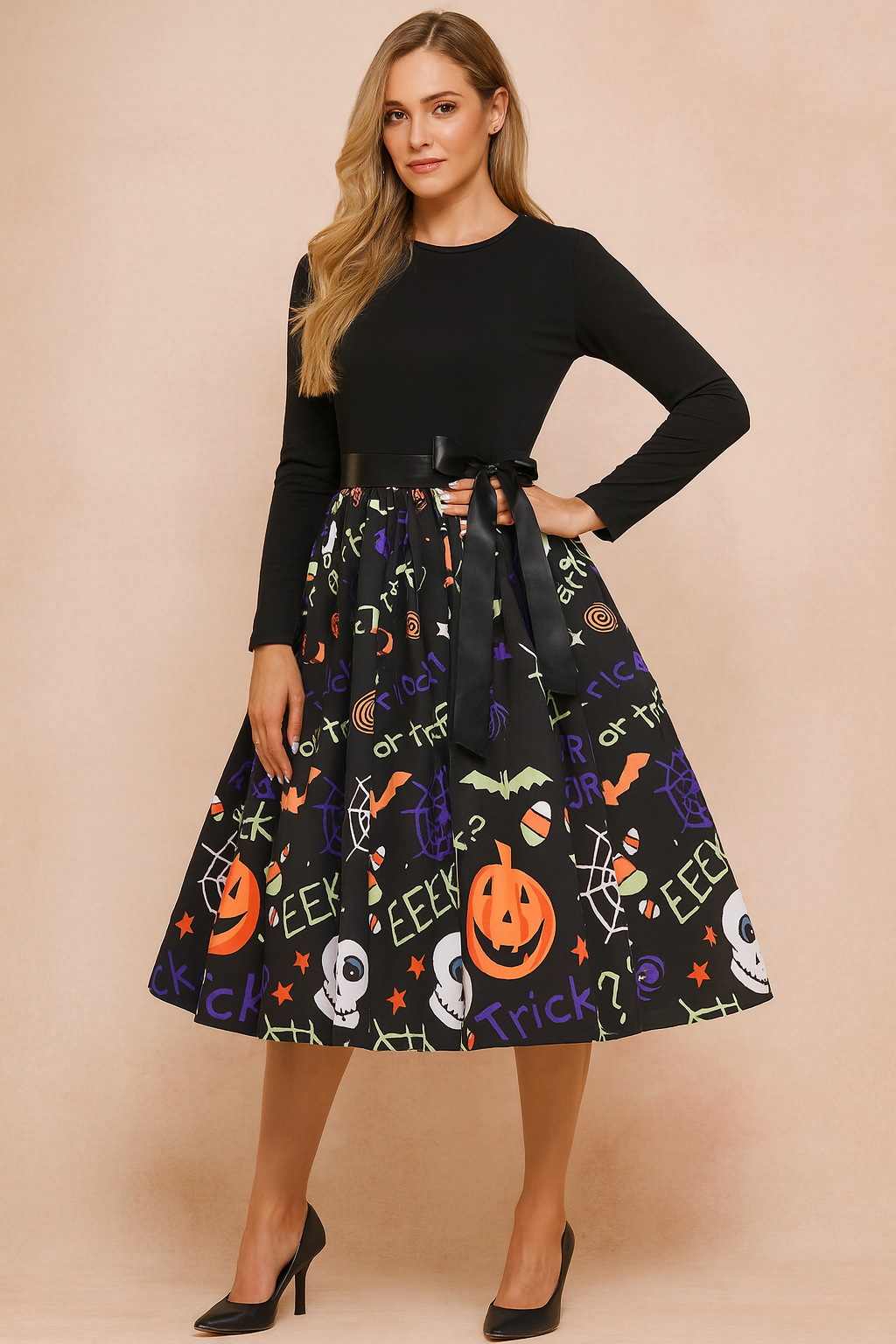 Sukienka halloweenowa retro z czarną górą z długim rękawem, satynową kokardą w talii i rozkloszowaną spódnicą ozdobioną nadrukiem dyń, czaszek, nietoperzy, pajęczyn, cukierków i napisów „Trick or Treat” oraz „Eeek