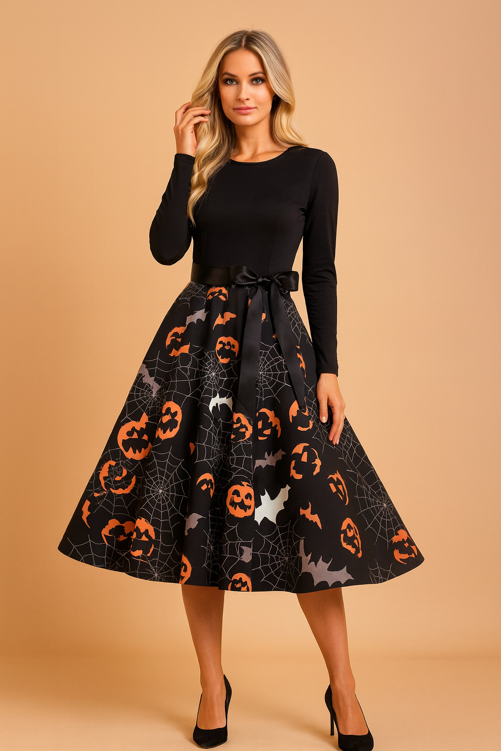 Sukienka halloweenowa retro z czarną górą z długim rękawem, satynową kokardą w talii i rozkloszowaną spódnicą ozdobioną nadrukiem pomarańczowych dyń, nietoperzy i pajęczyn na czarnym tle.