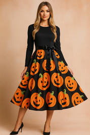 Sukienka halloweenowa retro z czarną górą z długim rękawem, satynową kokardą w talii i rozkloszowaną spódnicą ozdobioną nadrukiem dużych pomarańczowych dyń z zielonymi ogonkami na czarnym tle.