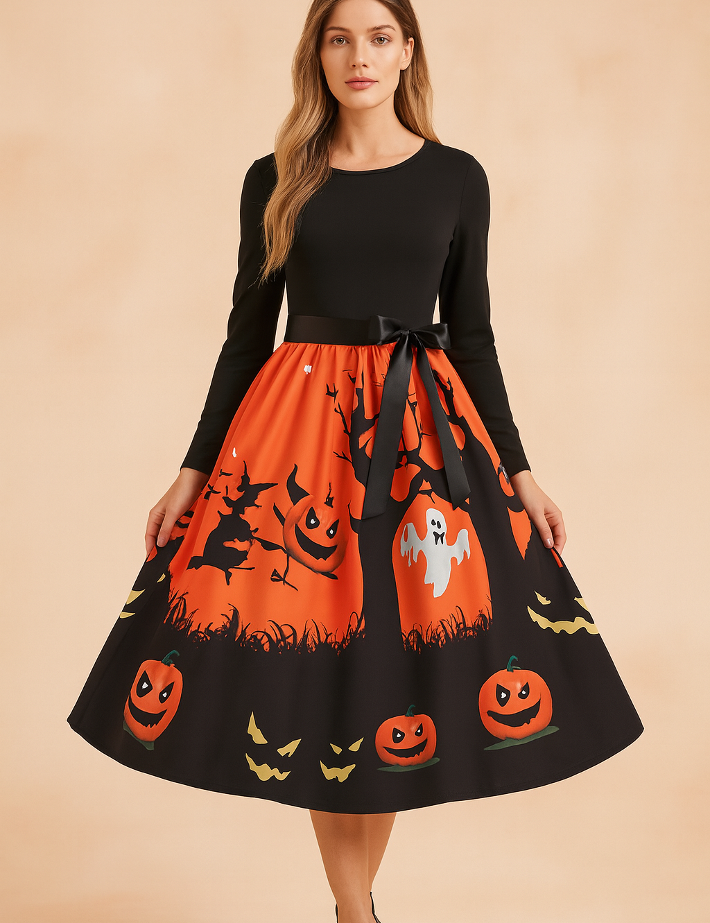Sukienka halloweenowa retro z czarną górą z długim rękawem, satynową kokardą w talii i rozkloszowaną spódnicą w czerwono-czarnym kolorze ozdobioną nadrukiem dyni, duchów, drzew i nietoperzy.