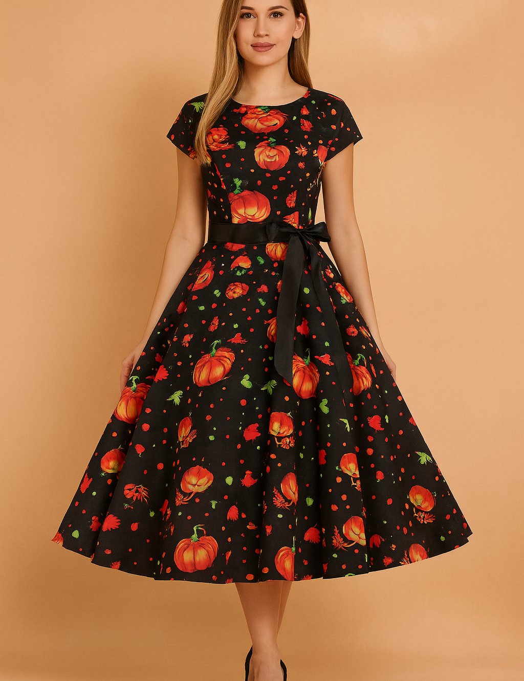 Sukienka Halloweenowa retro z czarnym tłem, ozdobiona intensywnie pomarańczowymi dyniami i zielonymi akcentami, z eleganckim czarnym paskiem w talii i rozkloszowanym dołem.