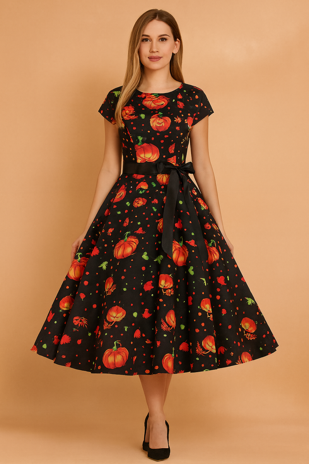 Sukienka Halloweenowa retro z czarnym tłem, ozdobiona intensywnie pomarańczowymi dyniami i zielonymi akcentami, z eleganckim czarnym paskiem w talii i rozkloszowanym dołem.