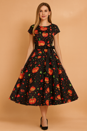 Sukienka Halloweenowa retro z czarnym tłem, ozdobiona intensywnie pomarańczowymi dyniami i zielonymi akcentami, z eleganckim czarnym paskiem w talii i rozkloszowanym dołem.