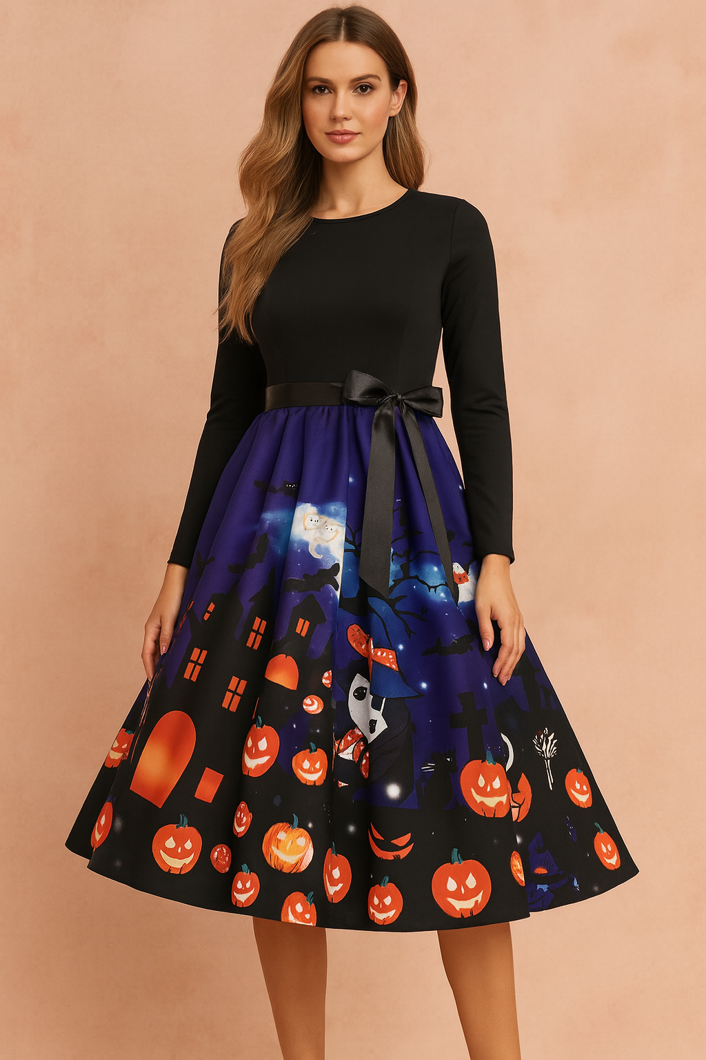 Sukienka halloweenowa retro z czarną górą z długim rękawem, satynową kokardą w talii i rozkloszowaną spódnicą w granatowo-czarnym kolorze ozdobioną nadrukiem dyni, duchów, nietoperzy, domów i cmentarza.