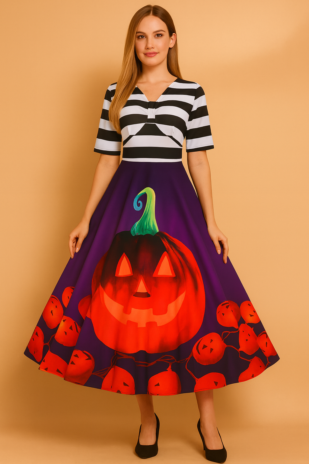 Sukienka retro Halloween damska z dużą dynią i lampionami na rozkloszowanej spódnicy.