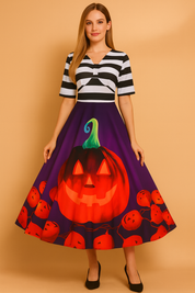 Sukienka retro Halloween damska z dużą dynią i lampionami na rozkloszowanej spódnicy.
