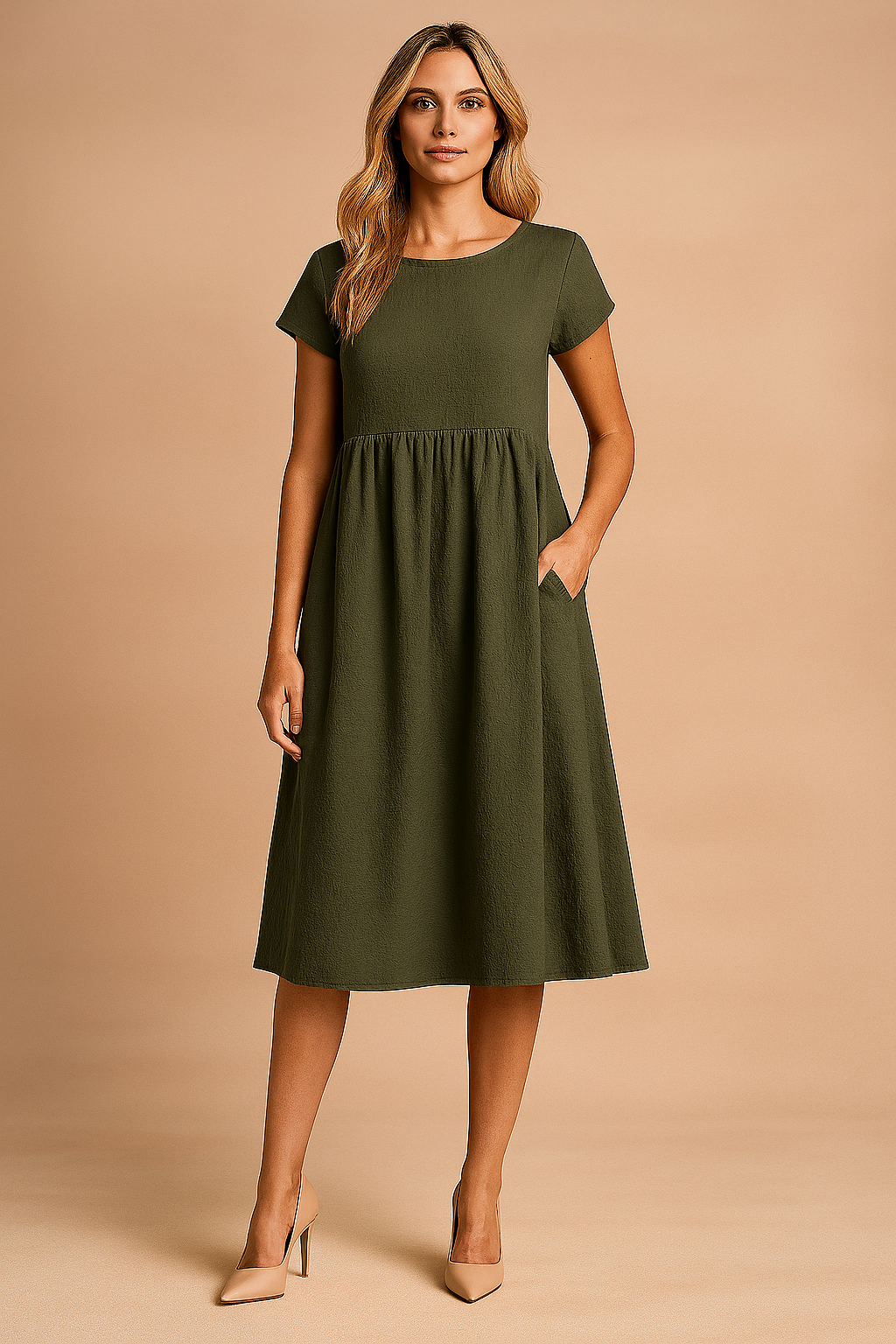 Oliwkowa sukienka midi z krótkim rękawem i lekko rozkloszowanym dołem, uszyta z oddychającej tkaniny o delikatnej fakturze, idealna na codzienne i eleganckie stylizacje.