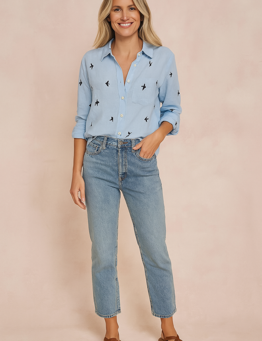 Light blue long-sleeve button-up blouse with black swallow bird print, soft collar, and rolled cuffs, paired with high-waisted medium-wash straight-leg jeans and brown criss-cross leather sandals.