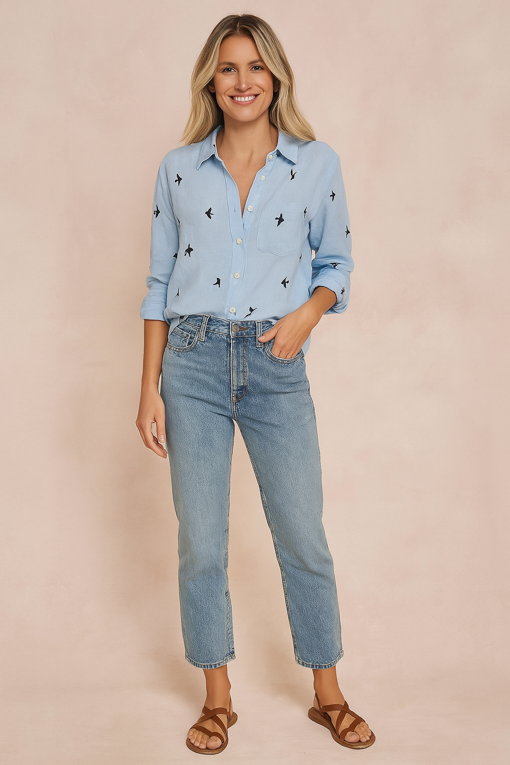 Light blue long-sleeve button-up blouse with black swallow bird print, soft collar, and rolled cuffs, paired with high-waisted medium-wash straight-leg jeans and brown criss-cross leather sandals.