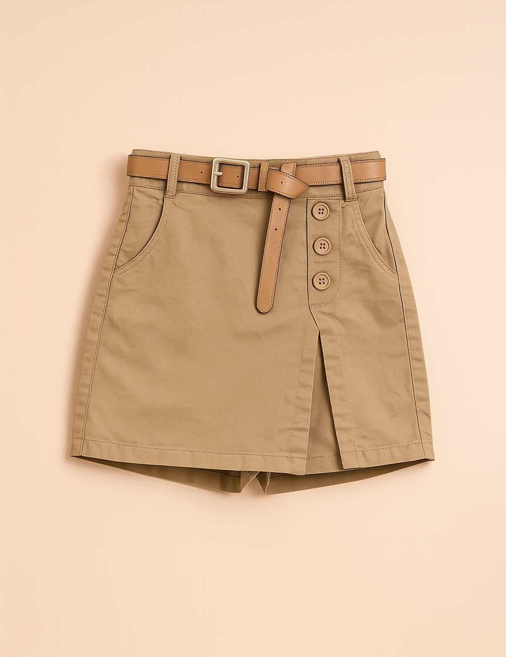 Khaki szorty z wysokim stanem z bawełny z przednim skośnym rozcięciem, boczną klapką z trzema guzikami, tan paskiem ze srebrną klamrą, dopracowany design idealny do casualowych lub eleganckich letnich stylizacji.