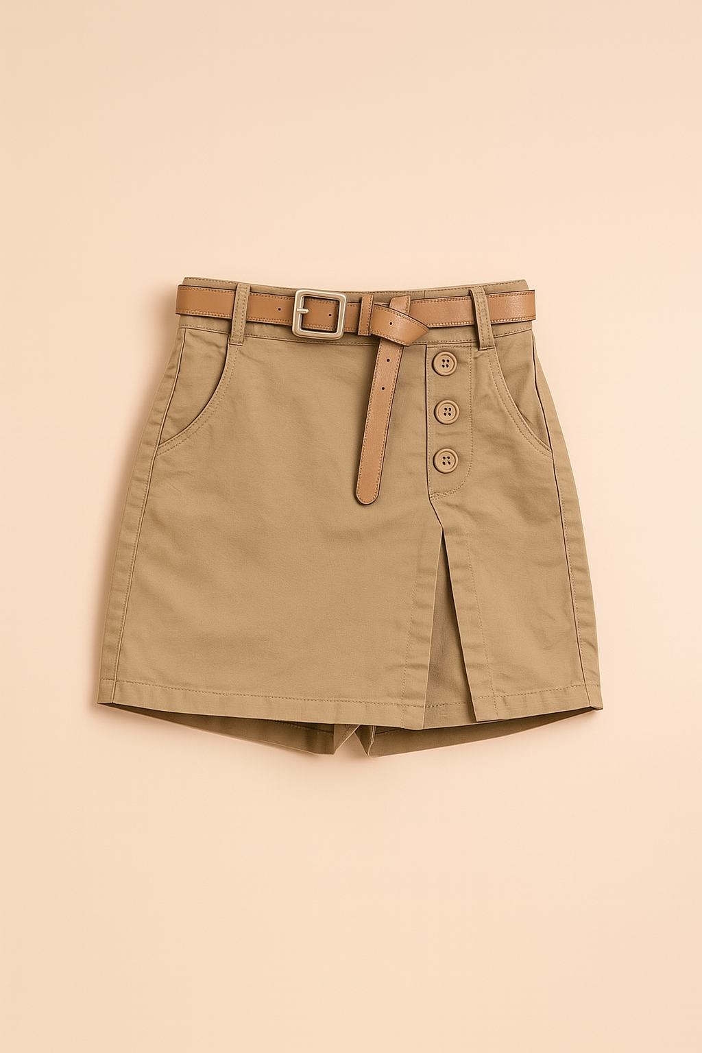Khaki szorty z wysokim stanem z bawełny z przednim skośnym rozcięciem, boczną klapką z trzema guzikami, tan paskiem ze srebrną klamrą, dopracowany design idealny do casualowych lub eleganckich letnich stylizacji.
