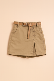 Khaki szorty z wysokim stanem z bawełny z przednim skośnym rozcięciem, boczną klapką z trzema guzikami, tan paskiem ze srebrną klamrą, dopracowany design idealny do casualowych lub eleganckich letnich stylizacji.