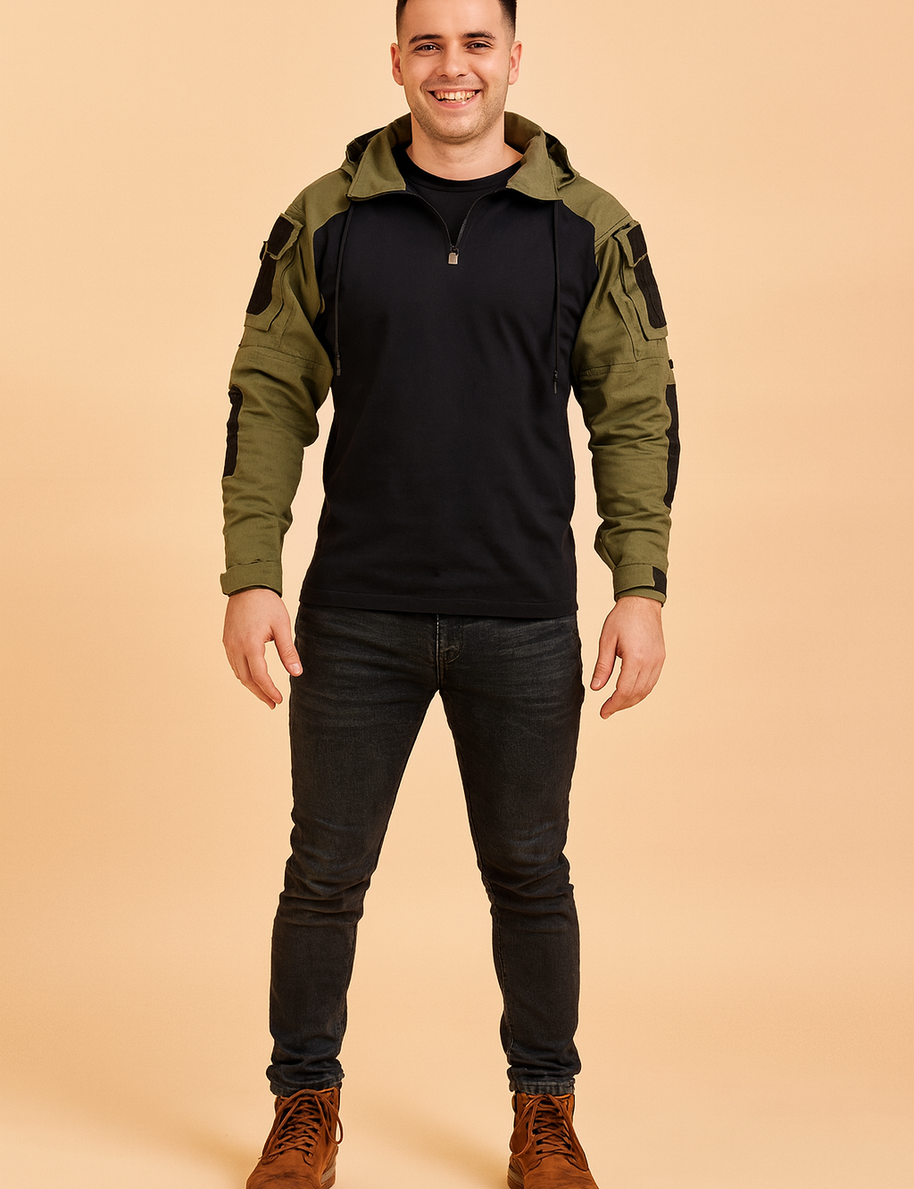 Tactical hoodie jacket with black torso and olive green sleeves, featuring zipper closure and utility sleeve pockets.