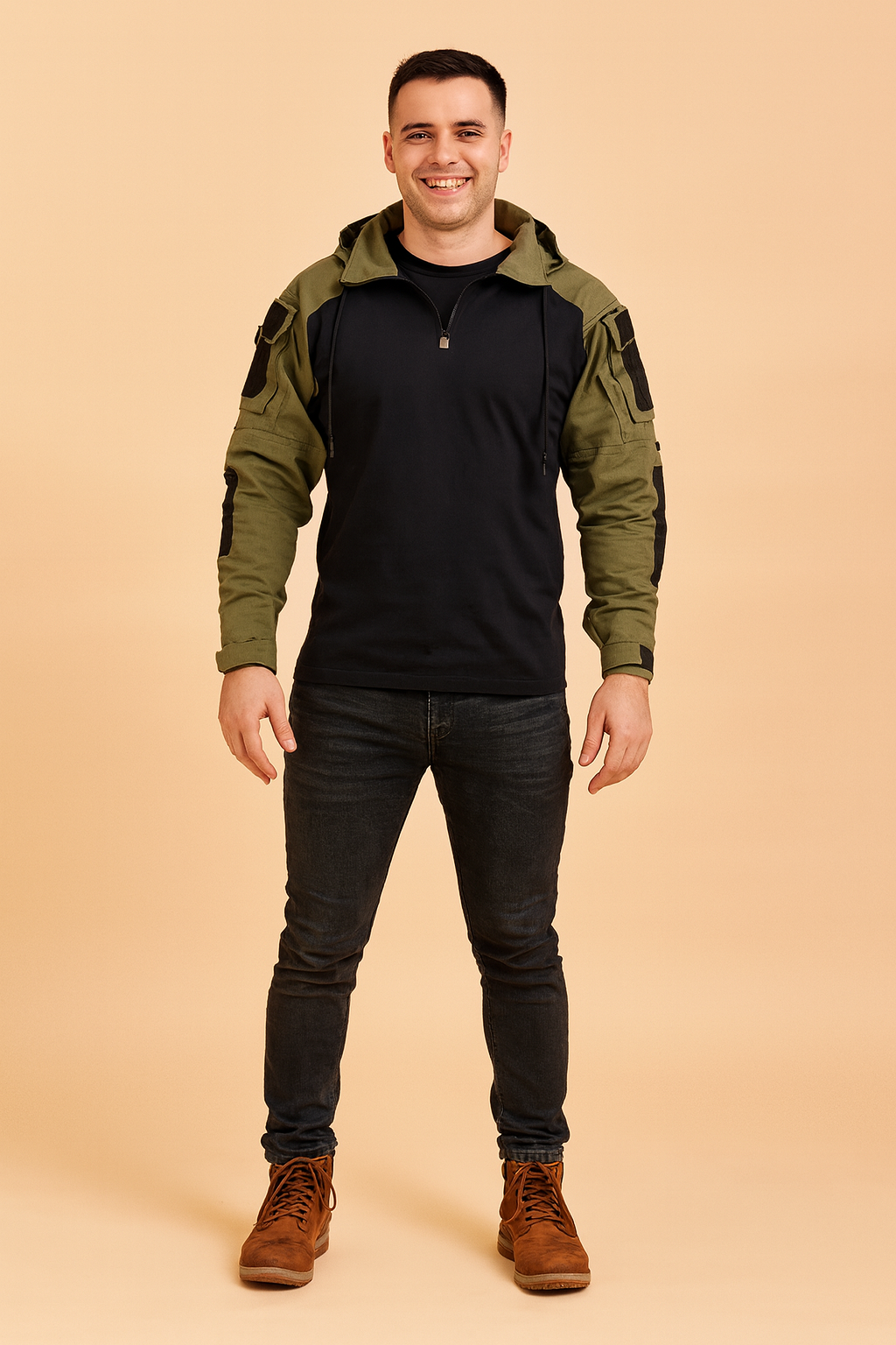 Tactical hoodie jacket with black torso and olive green sleeves, featuring zipper closure and utility sleeve pockets.