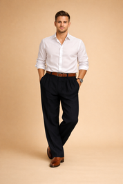 Classic tailored black pleated trousers styled with a crisp long-sleeve button-up shirt, finished with a brown leather belt and polished brown leather dress shoes for a refined, timeless look.