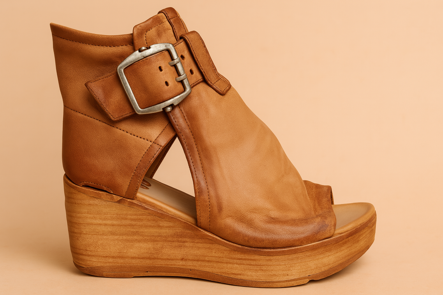 Tan leather wedge sandal with a distressed wood-texture platform, featuring a wide ankle wrap, large antique silver buckle, open toe, and natural creases in the soft leather upper.