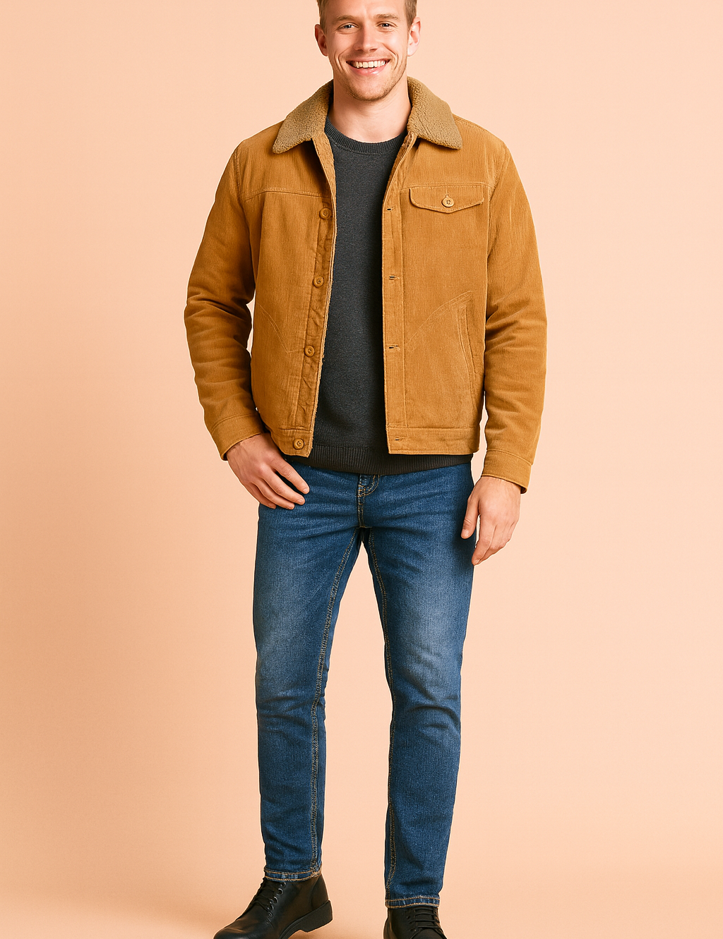 Tan corduroy trucker jacket with sherpa lining, button closure, chest flap pocket, and side welt pockets styled with dark sweater, slim-fit blue jeans, and black leather boots.