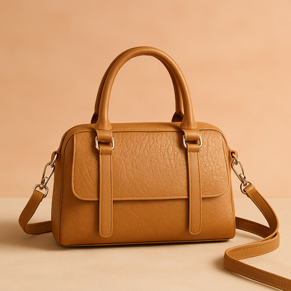Tan pebbled leather handbag with rounded handles, silver hardware, front flap pocket, and detachable strap, set on a pastel-beige gradient background with soft studio lighting.