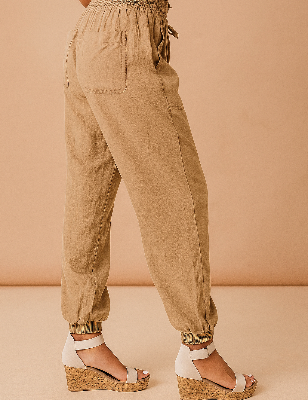 Tan linen jogger pants with elastic waistband, side pockets, and gathered ankle cuffs, styled with white ankle-strap wedge sandals.