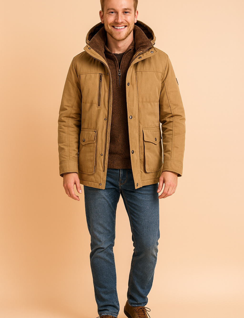 Men’s tan hooded parka jacket with faux-fur lining, front zip and snap closure, chest zipper pocket, and dual flap button pockets for a functional winter look.