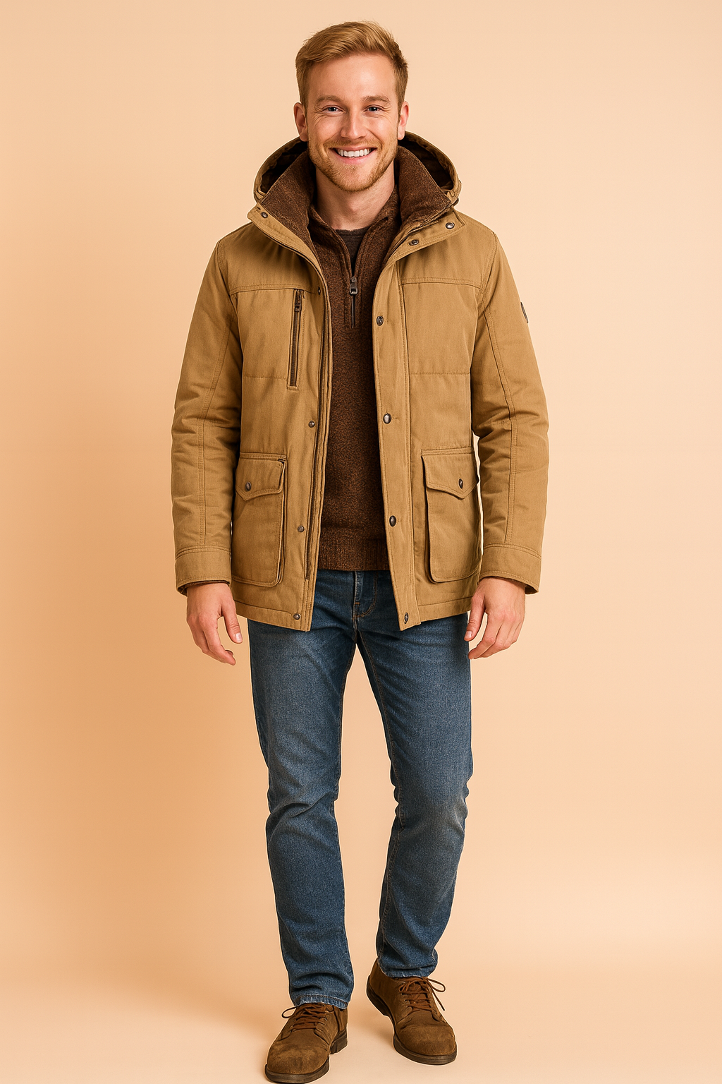 Men’s tan hooded parka jacket with faux-fur lining, front zip and snap closure, chest zipper pocket, and dual flap button pockets for a functional winter look.
