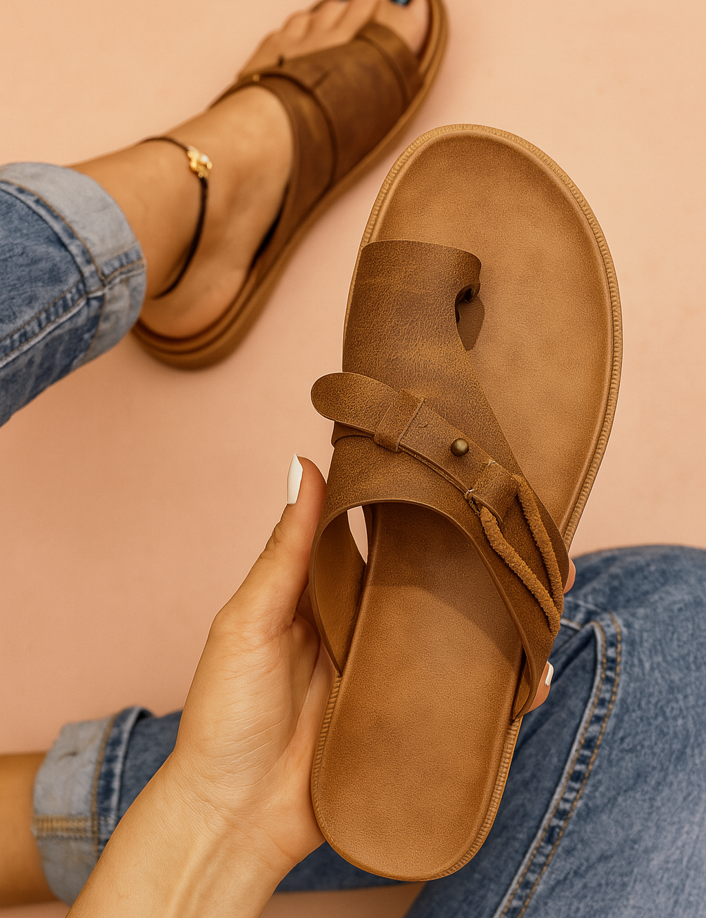 Brown faux leather toe-loop slide sandals featuring a wide distressed strap with a brass rivet detail and matching side cord.