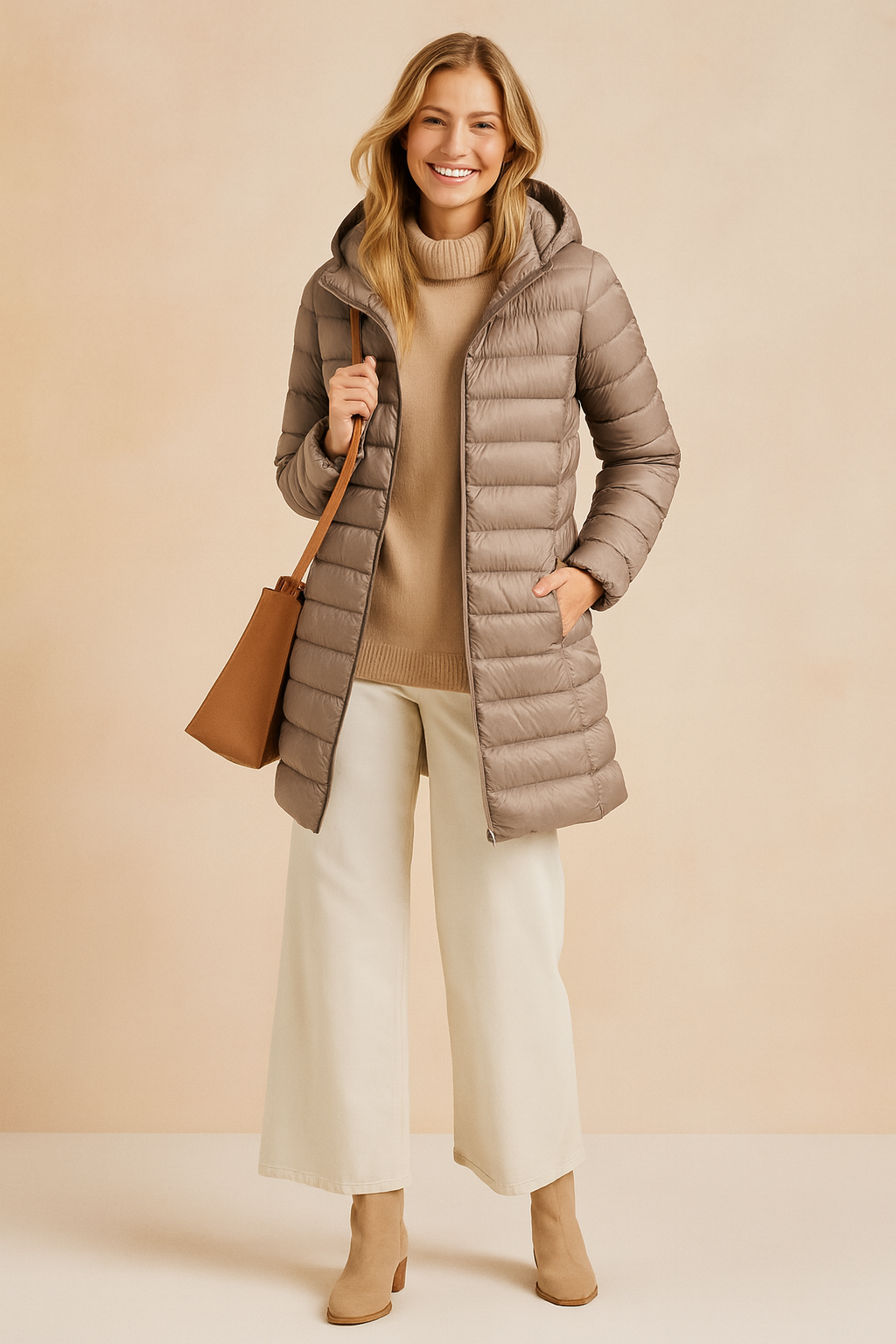 Long hooded puffer jacket for women in taupe with horizontal quilted design, mid-thigh length, front zipper closure, and lightweight padded texture for winter wear.