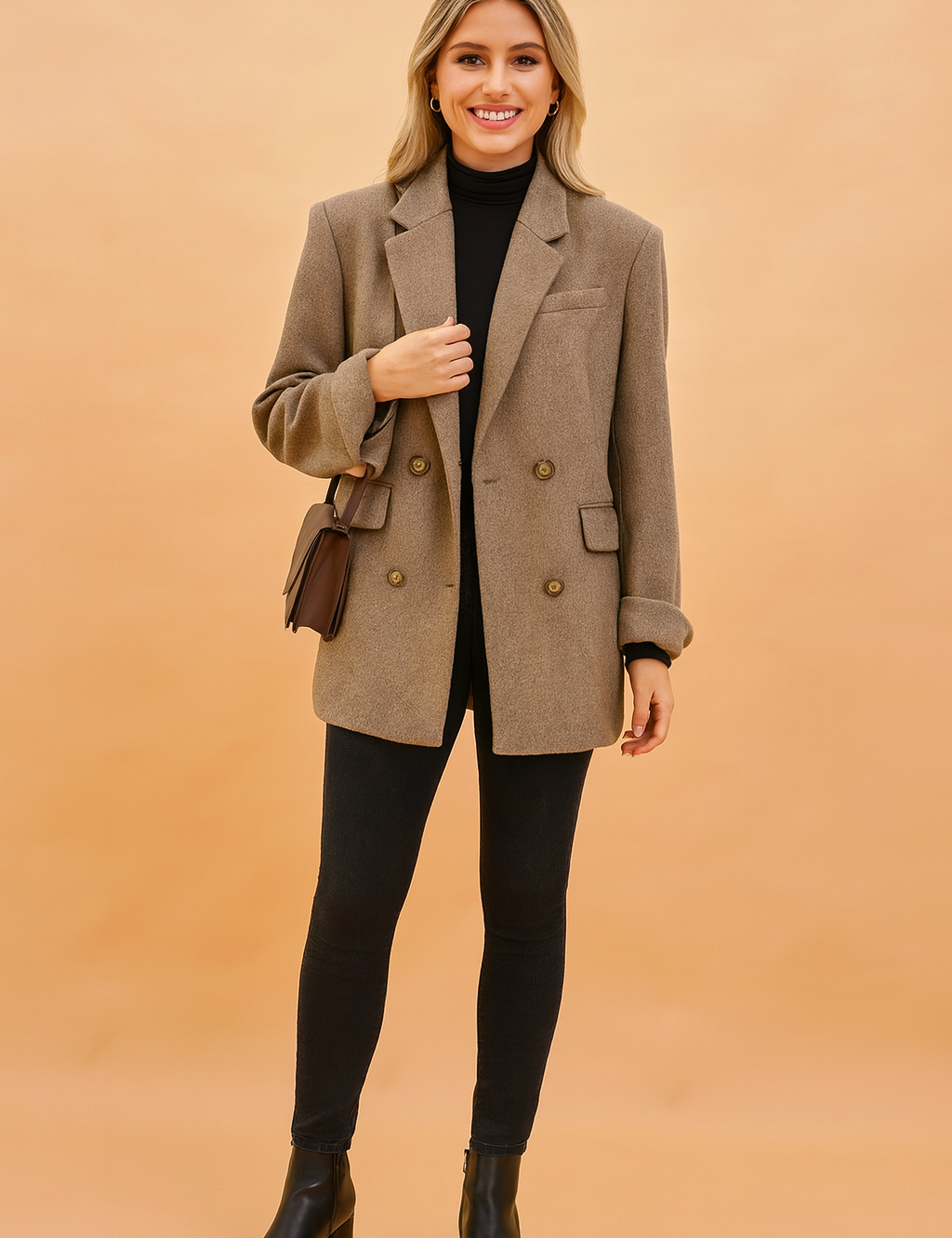 Taupe oversized wool blazer with double-breasted button closure, notch lapels, and flap pockets, styled over a black turtleneck top, paired with slim black jeans, black ankle boots, and a brown leather crossbody bag.