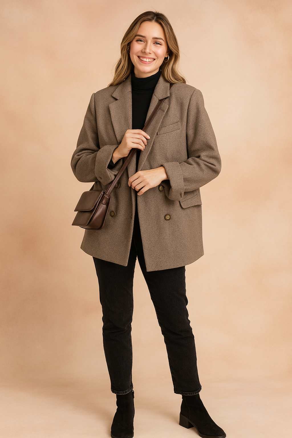 Taupe oversized wool blazer with double-breasted button closure, notch lapels, and flap pockets, styled over a black turtleneck top, paired with slim black jeans, black ankle boots, and a brown leather crossbody bag.