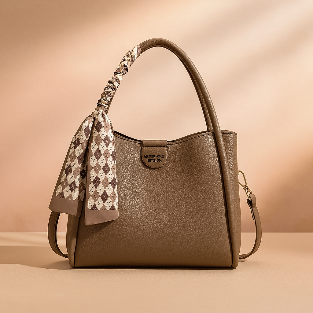Medium-sized taupe handbag with a structured silhouette, pebbled texture, and curved top handles, adorned with a brown and cream argyle scarf tied on one handle, styled against a softly lit sand-pink gradient backdrop.