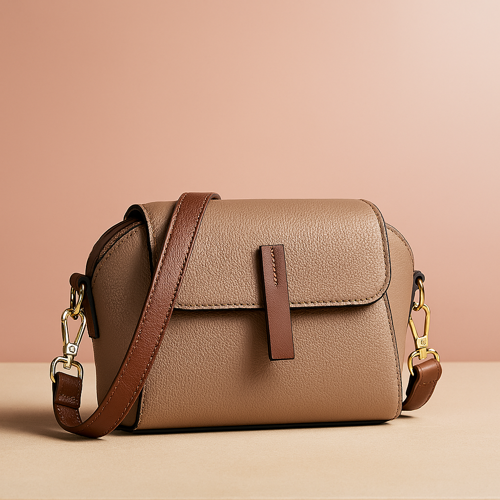 Taupe pebbled leather crossbody bag with contrast brown strap and gold hardware, featuring a flap closure with a vertical leather tab, showcased on a neutral platform with a soft warm sand and pastel pink gradient background.