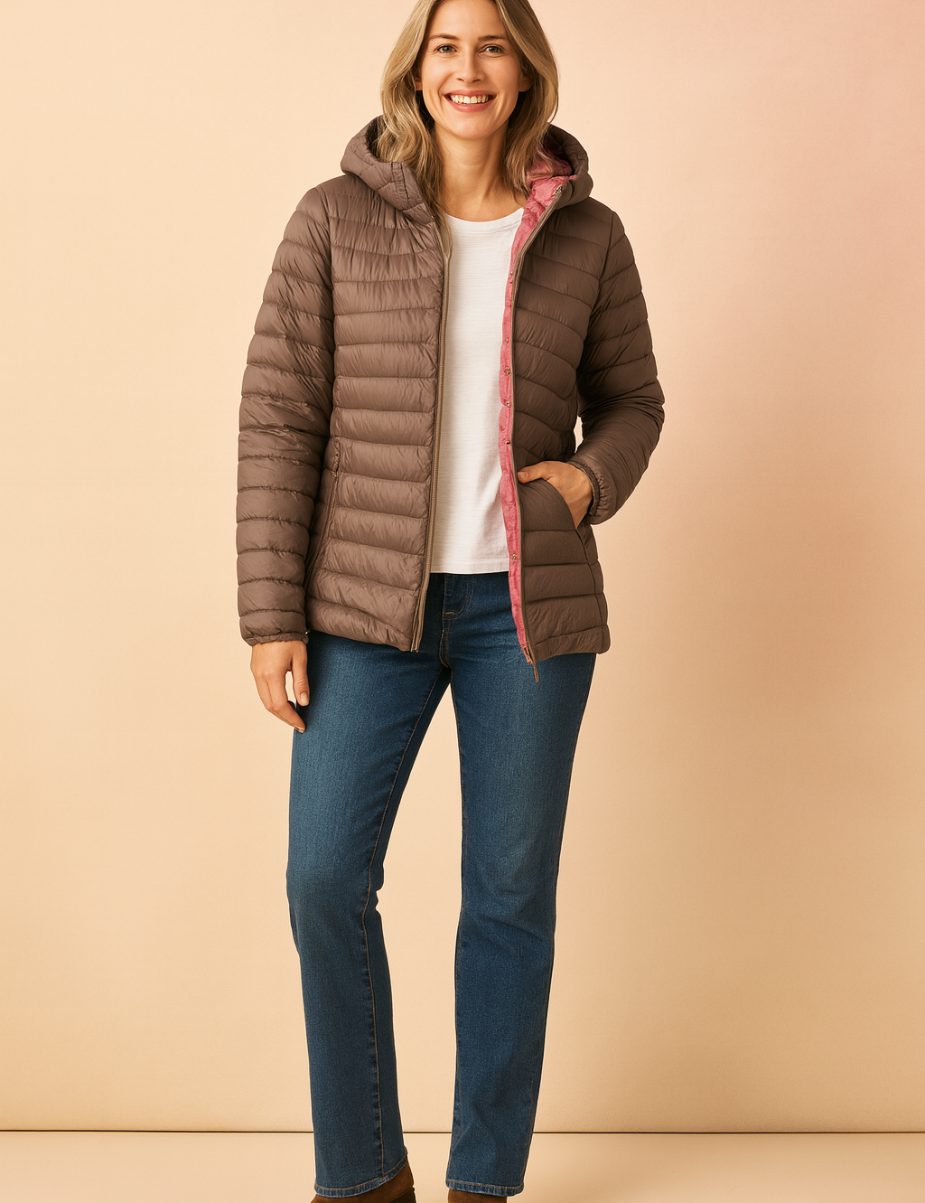 Taupe puffer jacket with pink lining, paired with a plain white T-shirt, straight-leg blue jeans, and brown suede ankle boots.