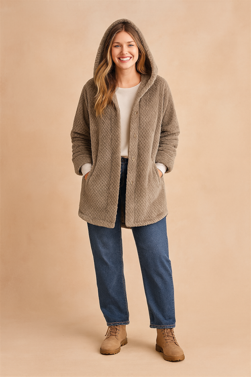Taupe quilted long winter jacket with hood, button-down front, and side pockets, styled with a white inner top and straight-leg blue jeans paired with beige suede boots.