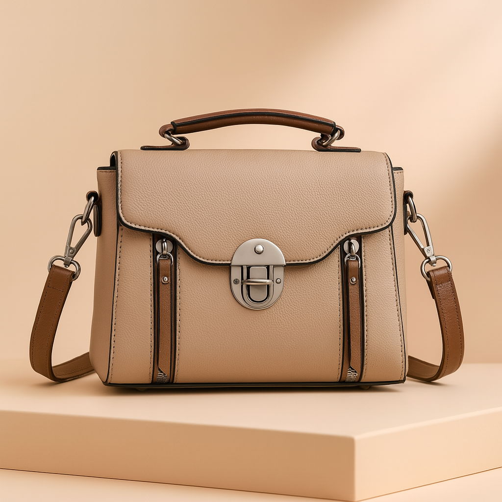 Structured taupe handbag with silver clasp, double zipper detail, and brown top handle and strap, placed on a beige display platform.