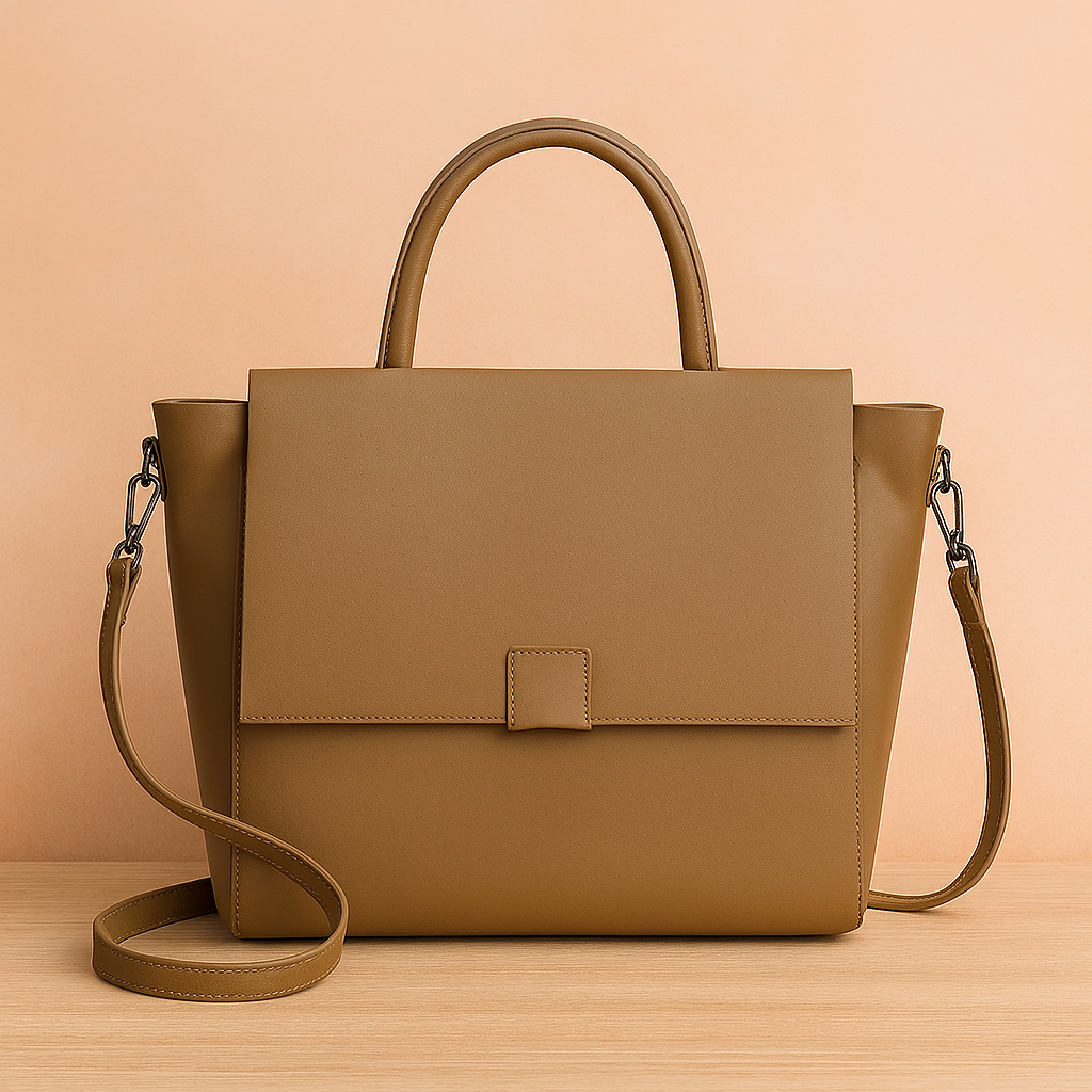 Taupe-colored structured leather handbag with top handle and detachable shoulder strap, featuring a clean flap closure and subtle stitching, displayed on a light wood surface with a warm sand and pastel pink gradient background.