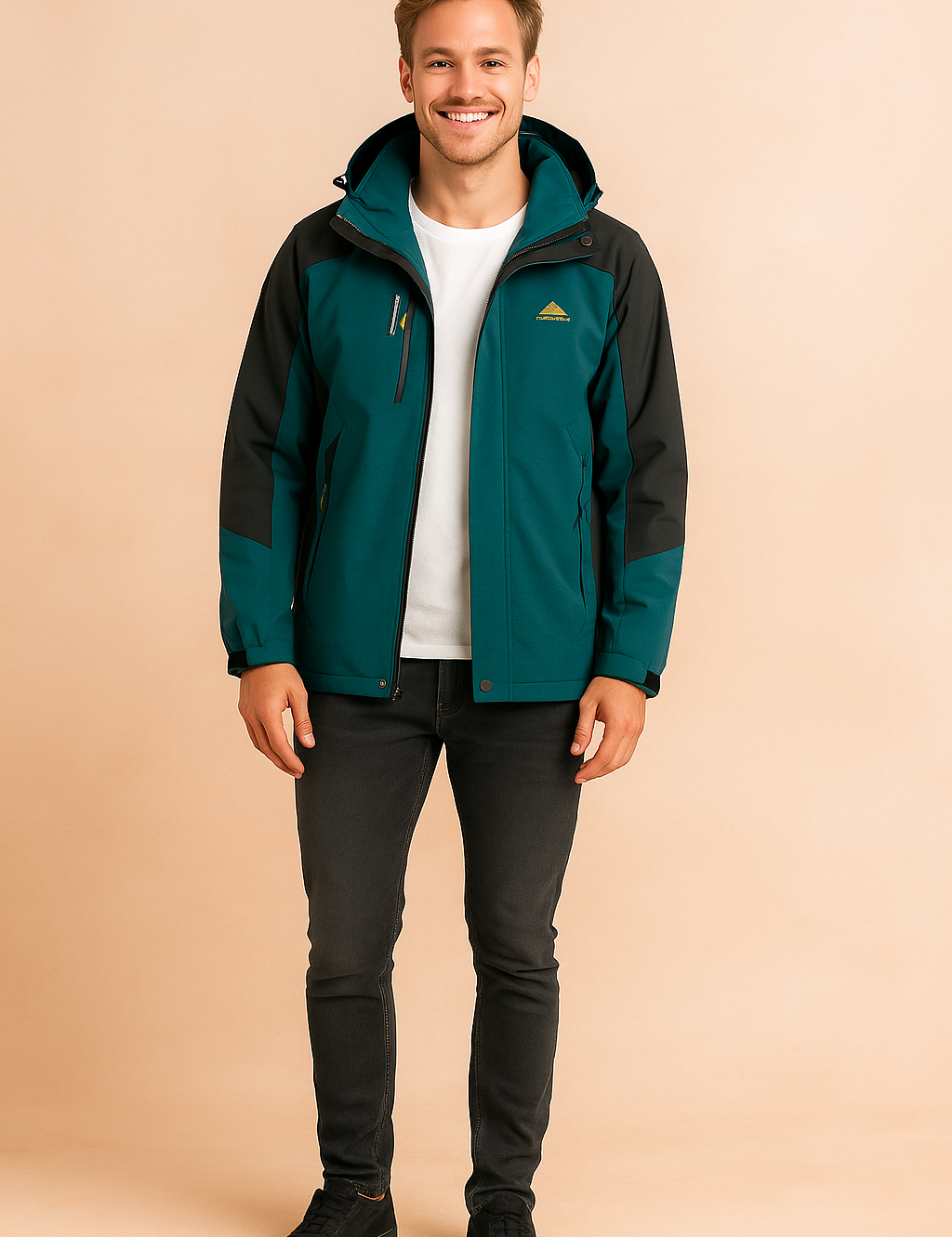 Teal and black outdoor softshell jacket with adjustable hood, full front zipper, zippered chest and side pockets, and durable water-resistant fabric paired with casual dark jeans and black sneakers.