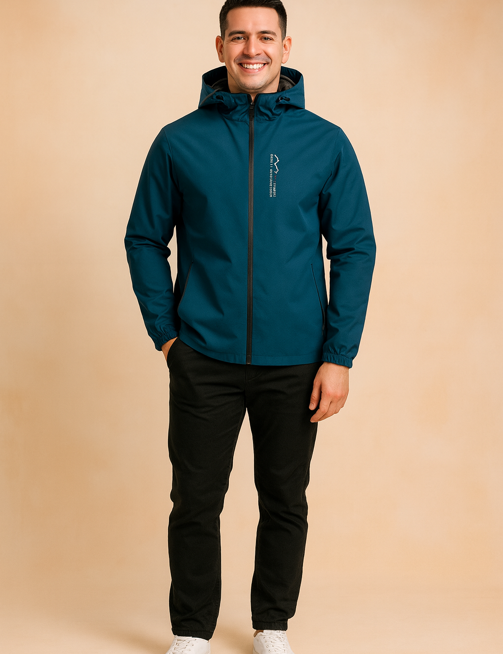 Teal blue hooded softshell jacket with front zipper and logo print, paired with black trousers and white sneakers.