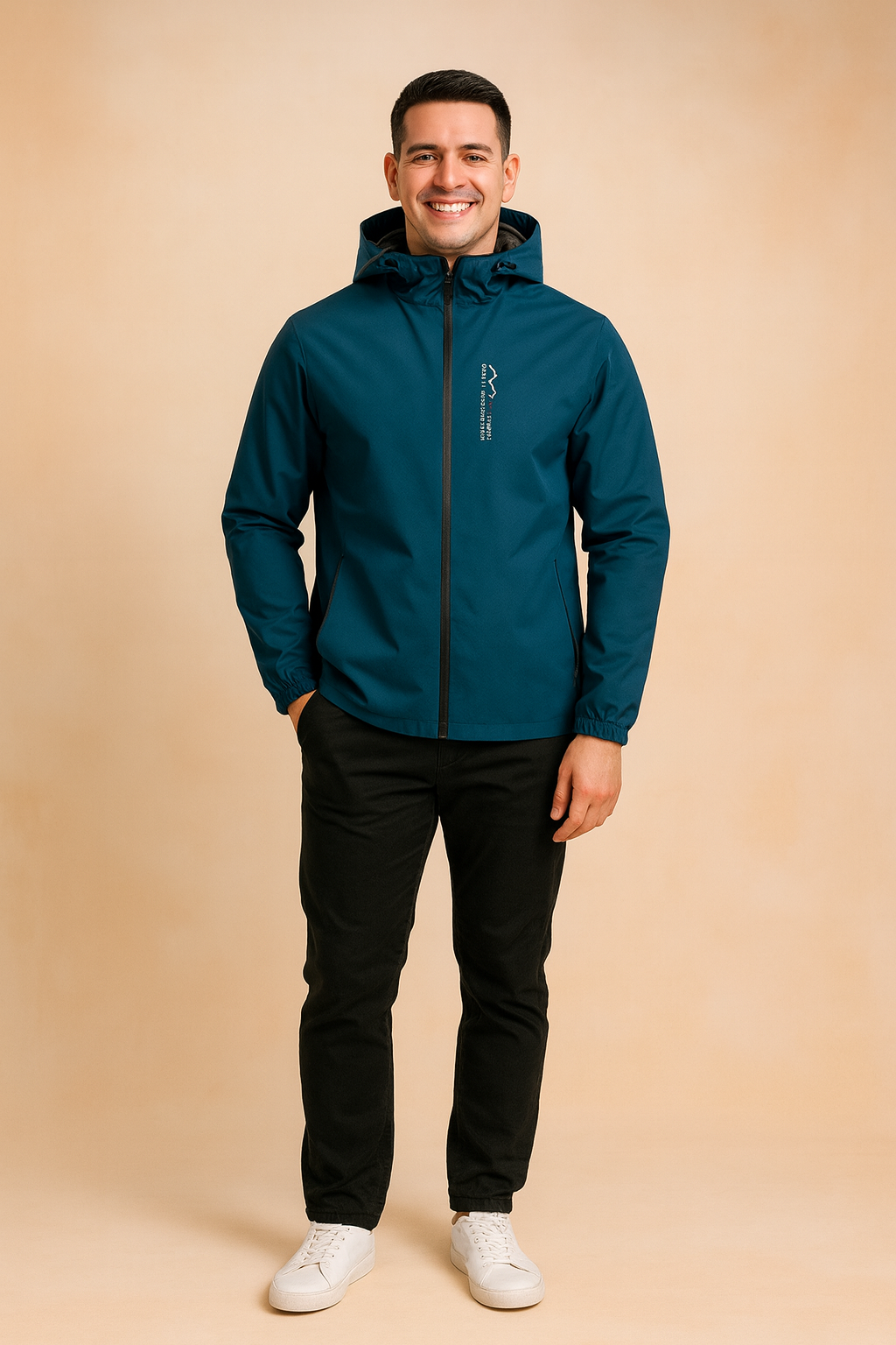 Teal blue hooded softshell jacket with front zipper and logo print, paired with black trousers and white sneakers.