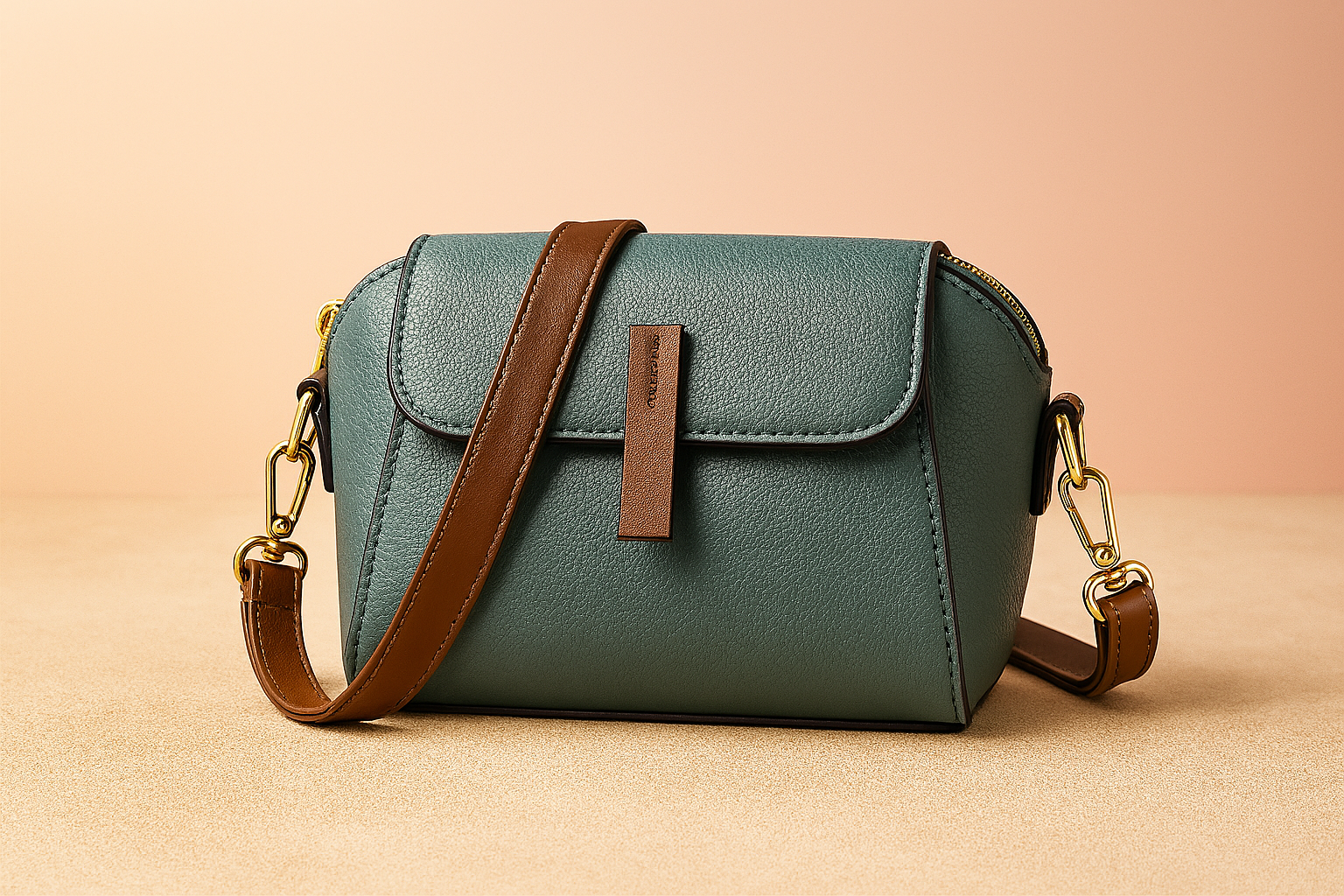 Teal pebbled leather crossbody bag with brown strap, flap closure, and gold hardware, styled on a sand-tone tabletop with gradient backdrop.